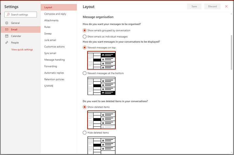 Outlook online layout